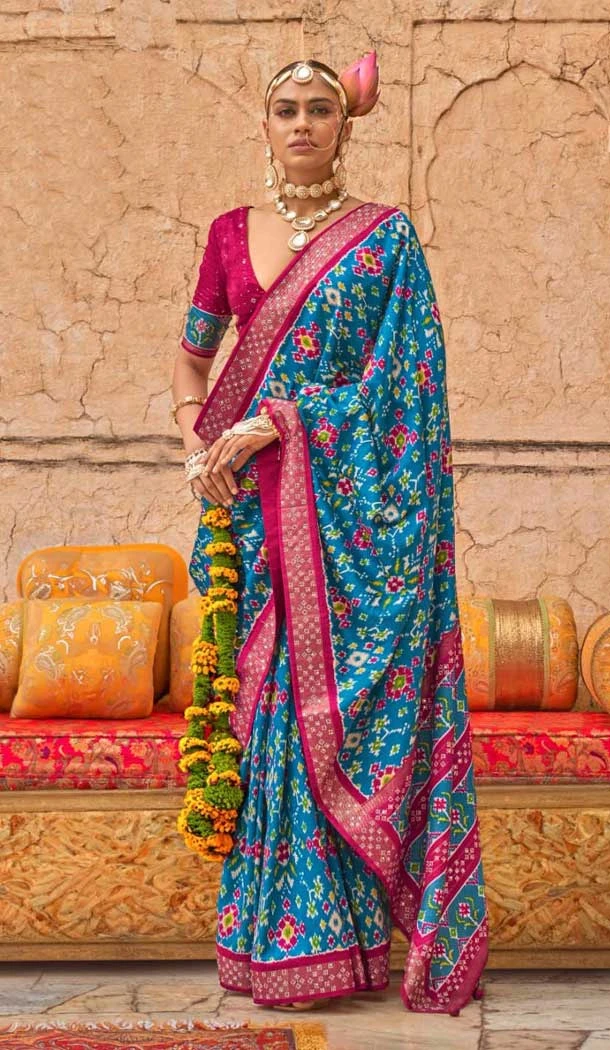 Viscose Silk Printed Wedding Wear Saree In Blue - 11005197974