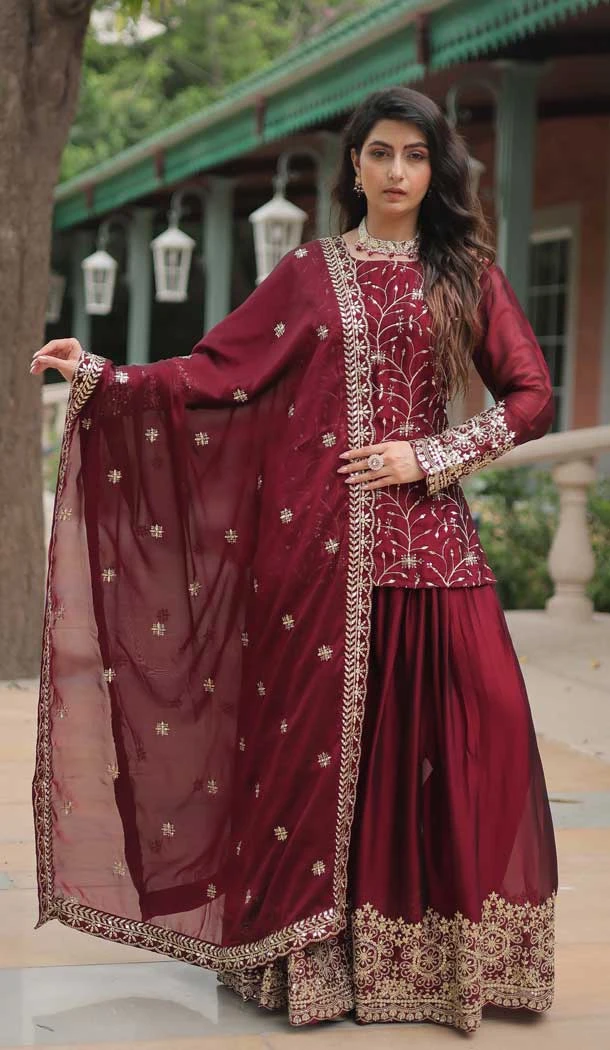 Maroon Rangoli Silk Embroidery Party Wear Palazzo Salwar Suit - 11042198355
