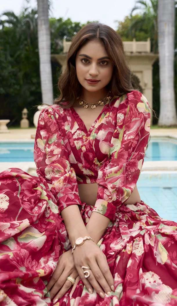 Georgette Floral Print Work Party Wear Lehenga Choli In Maroon - 11055198442