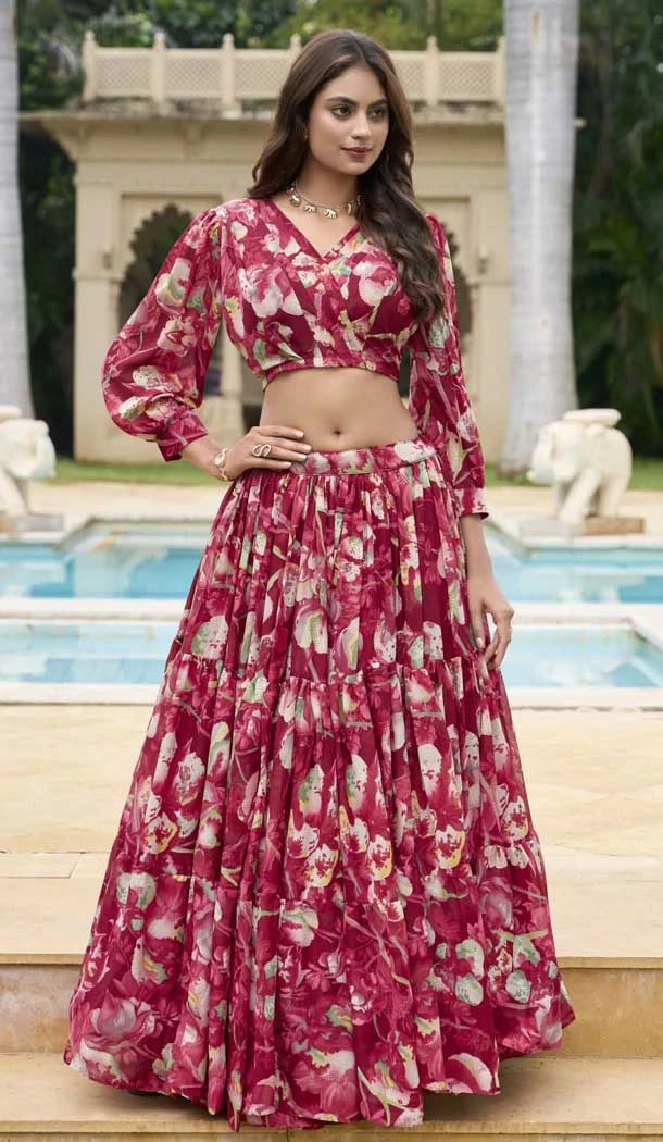 Georgette Floral Print Work Party Wear Lehenga Choli In Maroon - 11055198442