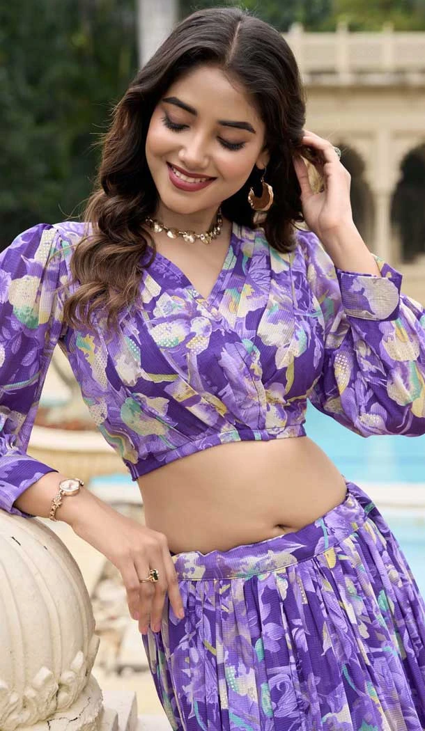 Georgette Floral Print Work Party Wear Lehenga Choli In Purple - 11055198443