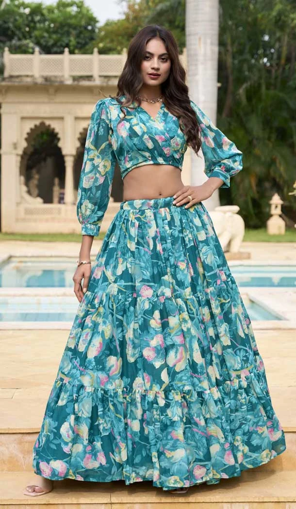 Georgette Floral Print Work Party Wear Lehenga Choli In Blue - 11055198444