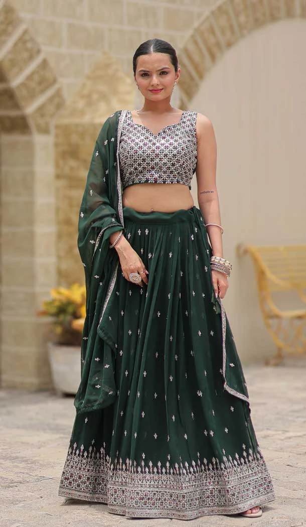 Faux Georgette Resham Work Party Wear Lehenga Choli In Green - 11062198489