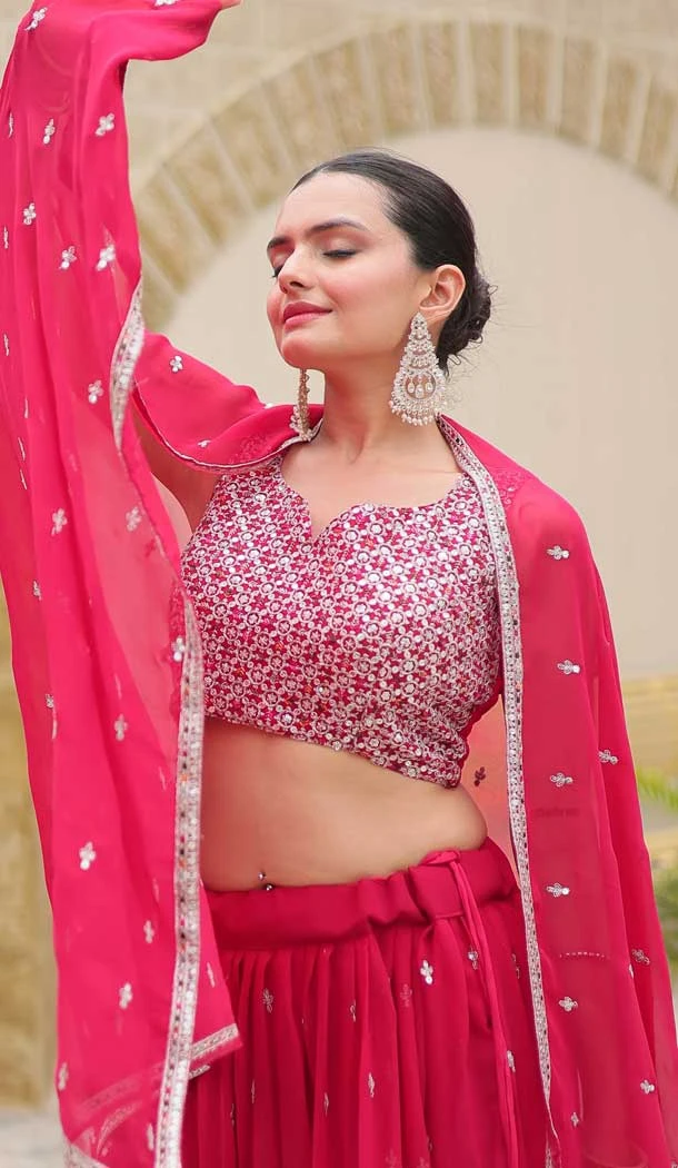 Faux Georgette Resham Work Party Wear Lehenga Choli In Rani Pink - 11062198491