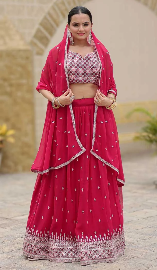 Faux Georgette Resham Work Party Wear Lehenga Choli In Rani Pink - 11062198491