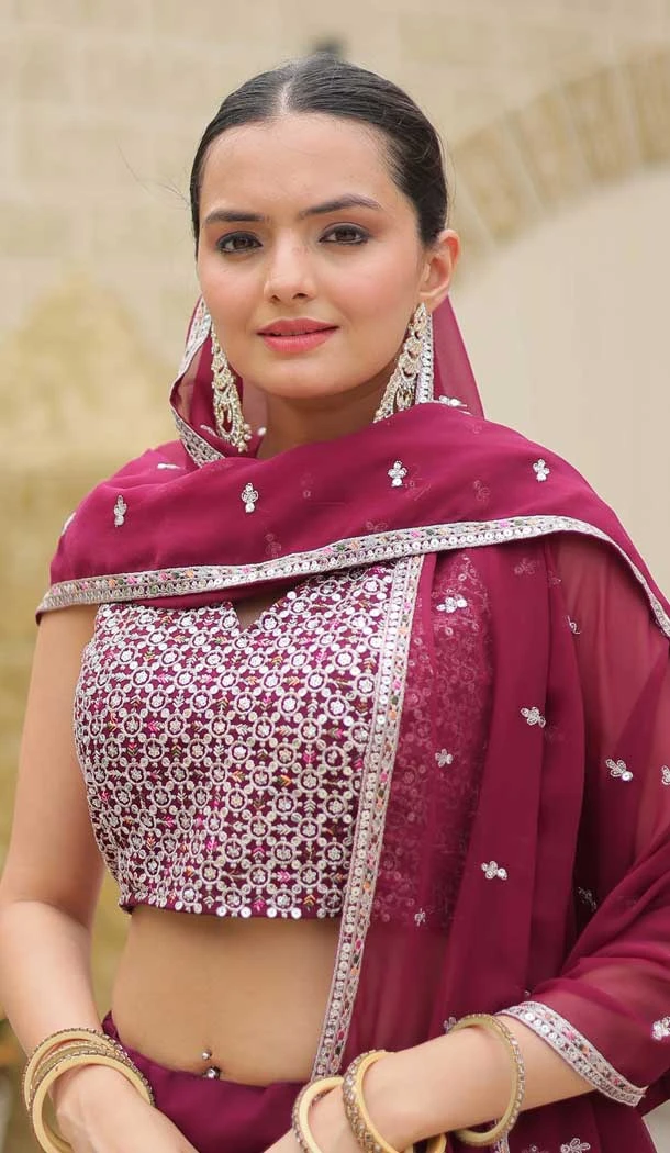 Faux Georgette Resham Work Party Wear Lehenga Choli In Wine - 11062198492