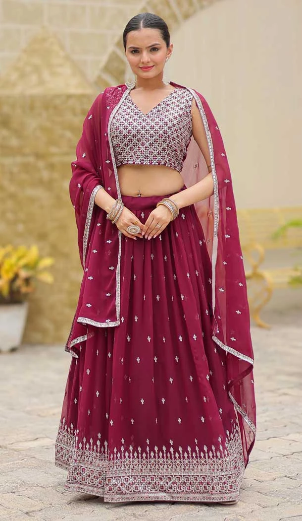 Faux Georgette Resham Work Party Wear Lehenga Choli In Wine - 11062198492