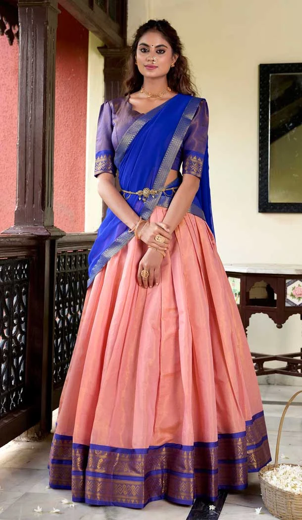 Peach Kanchipuram Weaving Work Traditional Wear Lehenga Choli - 11069198565