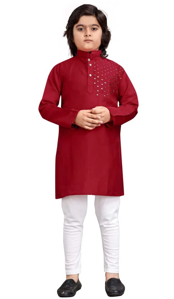 Maroon Viscose Mirror Work Readymade Kids Kurta Pajama - 11074198606