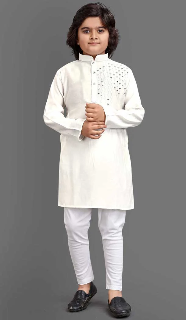 Off White Viscose Mirror Work Readymade Kids Kurta Pajama - 11074198607