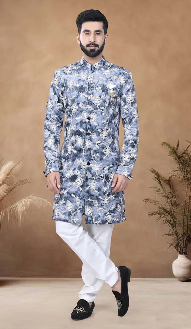 Blue Velvet Resham Work Mens Semi Indo Western - 11057198448