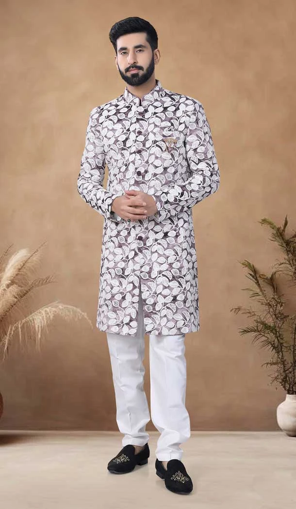 Wine Velvet Resham Work Mens Semi Indo Western - 11057198450