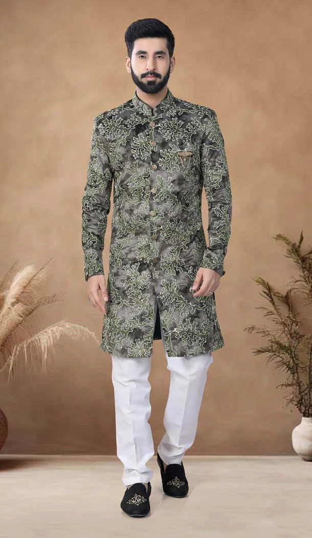 Green Velvet Resham Work Mens Semi Indo Western - 11057198451