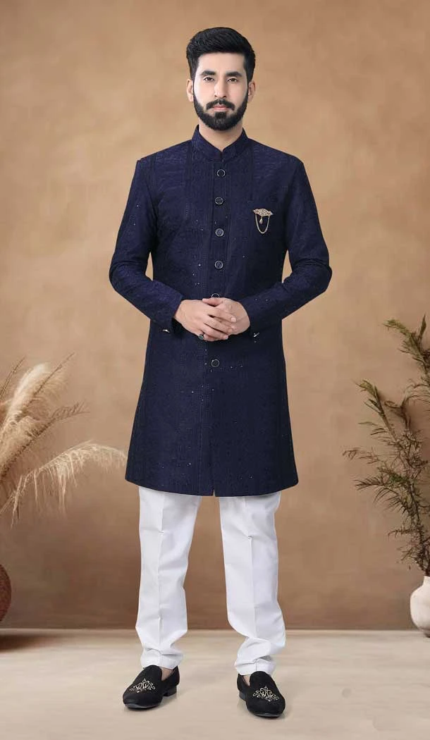 Blue Silk Thread Work Mens Semi Indo Western - 11057198452