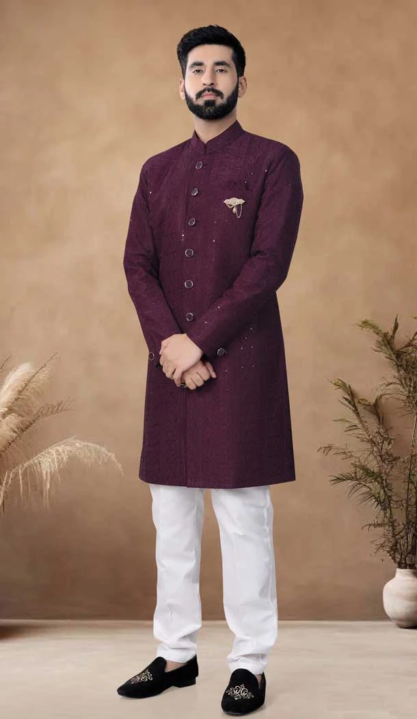 Wine Silk Thread Work Mens Semi Indo Western - 11057198456