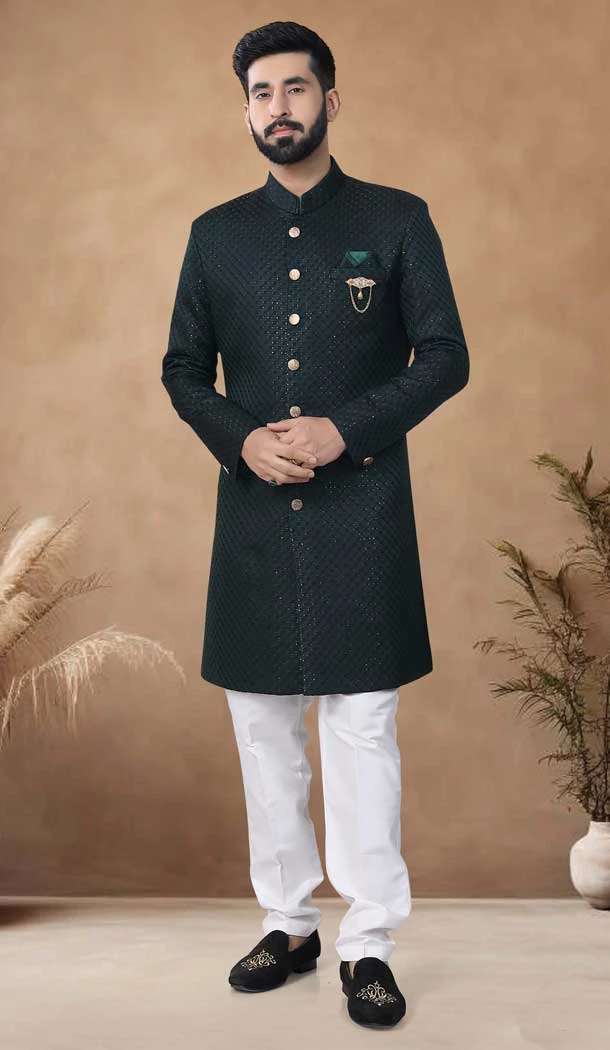 Green Woven Jacquard Sequence Work Mens Semi Indo Western - 11057198457