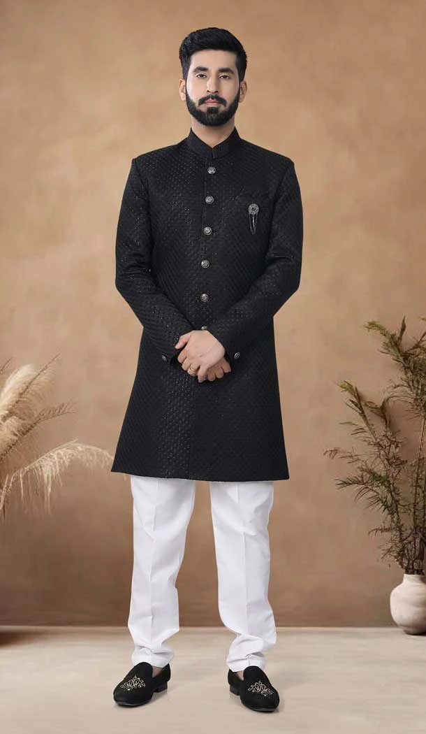Black Woven Jacquard Sequence Work Mens Semi Indo Western - 11057198459