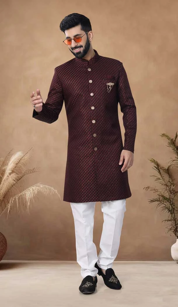 Maroon Woven Jacquard Sequence Work Mens Semi Indo Western - 11057198460