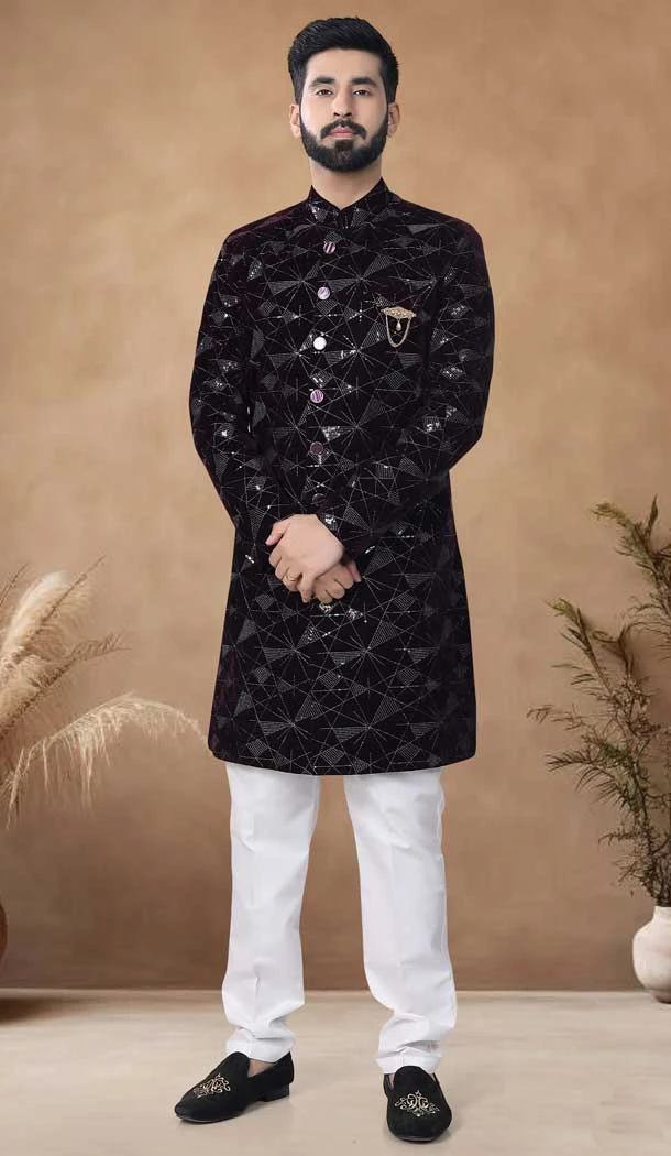 Velvet Resham Work Mens Semi Indo Western In Wine - 11057198461