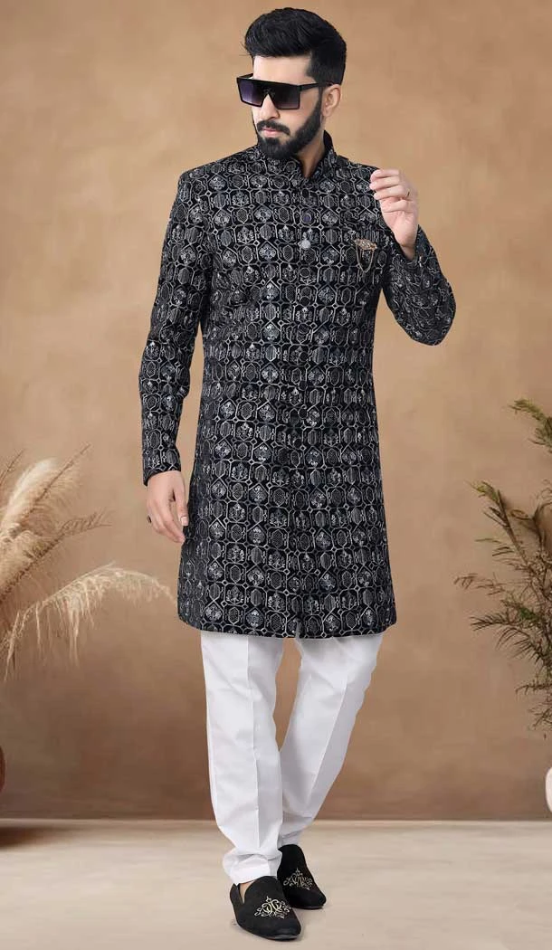 Black Velvet Resham Work Mens Semi Indo Western - 11057198462