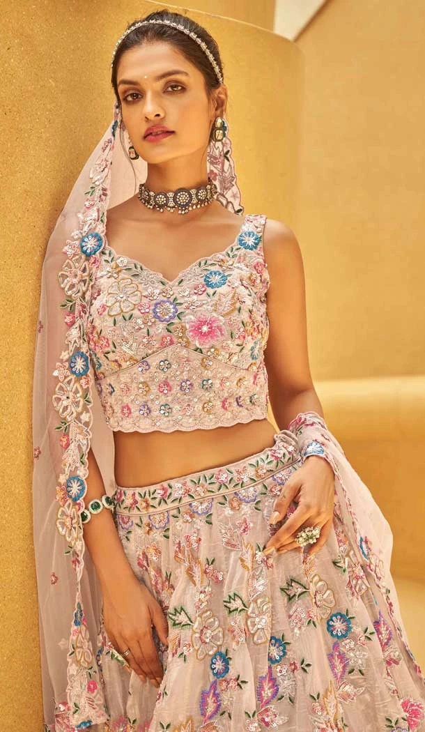 Rose Gold Organza Stone Beads Work Wedding Wear Lehenga Choli - 11072198578