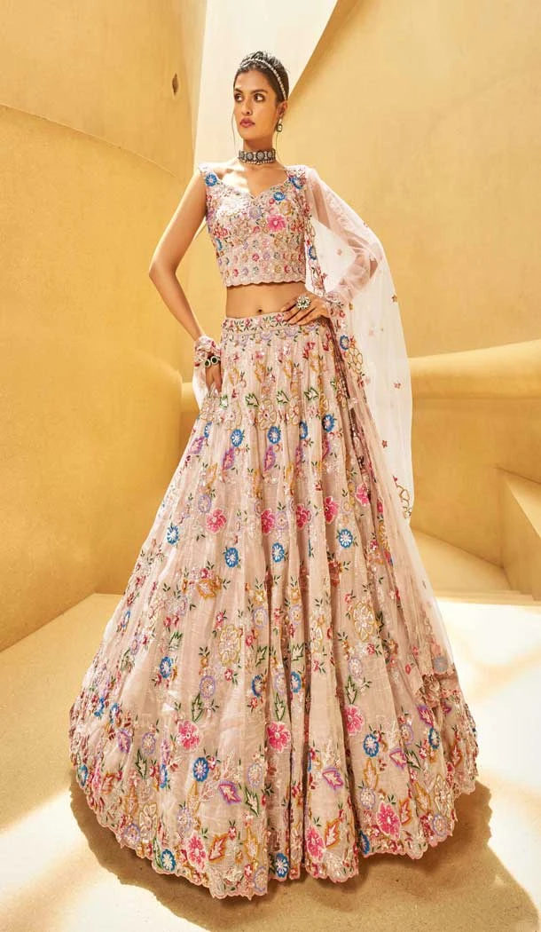 Rose Gold Organza Stone Beads Work Wedding Wear Lehenga Choli - 11072198578