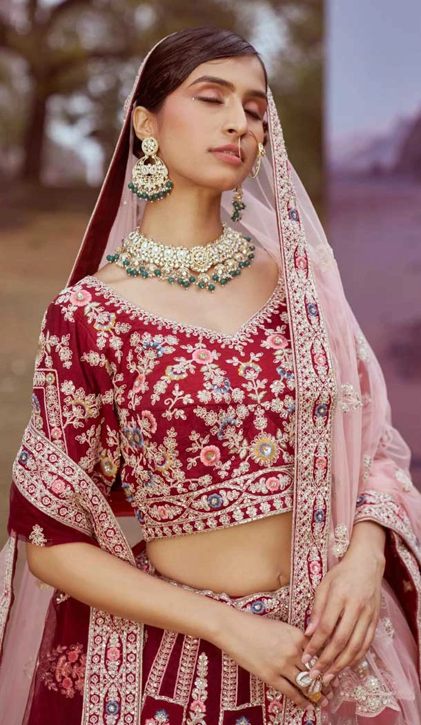 Maroon Silk Stone Beads Work Wedding Wear Lehenga Choli - 11072198581