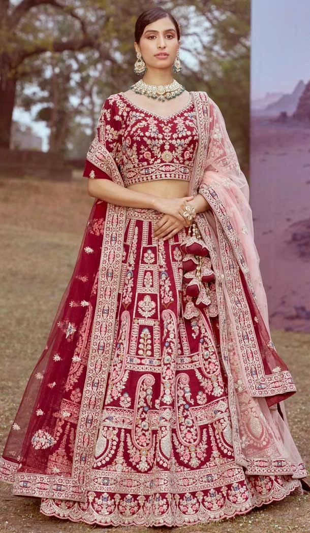 Maroon Silk Stone Beads Work Wedding Wear Lehenga Choli - 11072198581