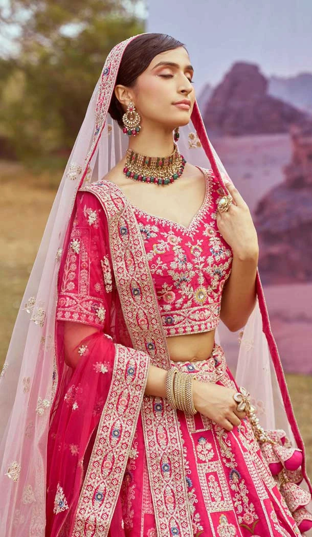 Pink Silk Stone Beads Work Wedding Wear Lehenga Choli - 11072198582
