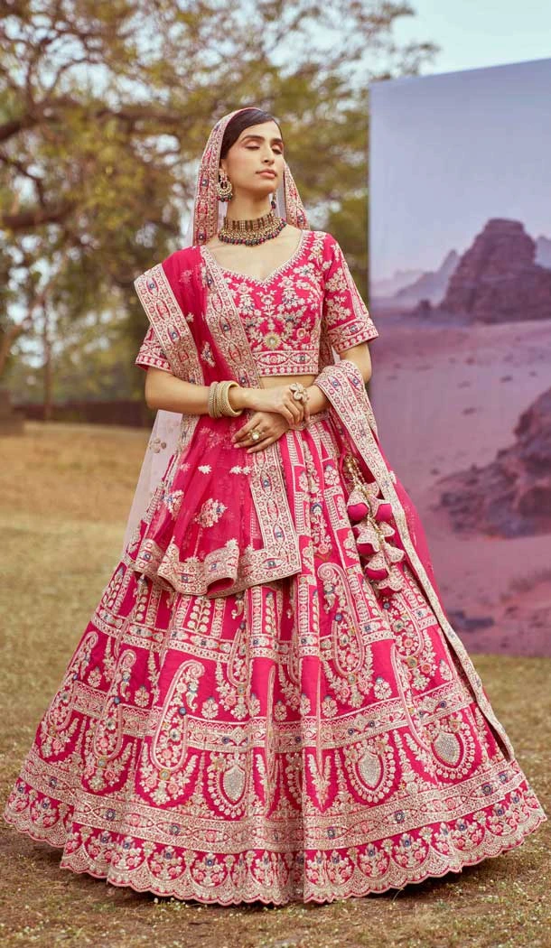 Pink Silk Stone Beads Work Wedding Wear Lehenga Choli - 11072198582