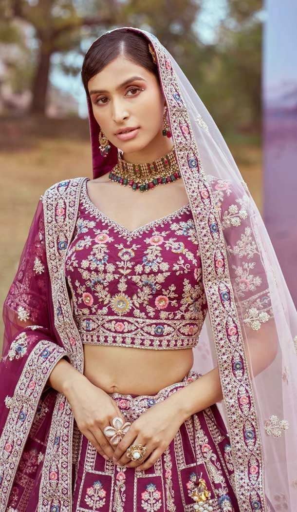 Purple Silk Stone Beads Work Wedding Wear Lehenga Choli - 11072198583