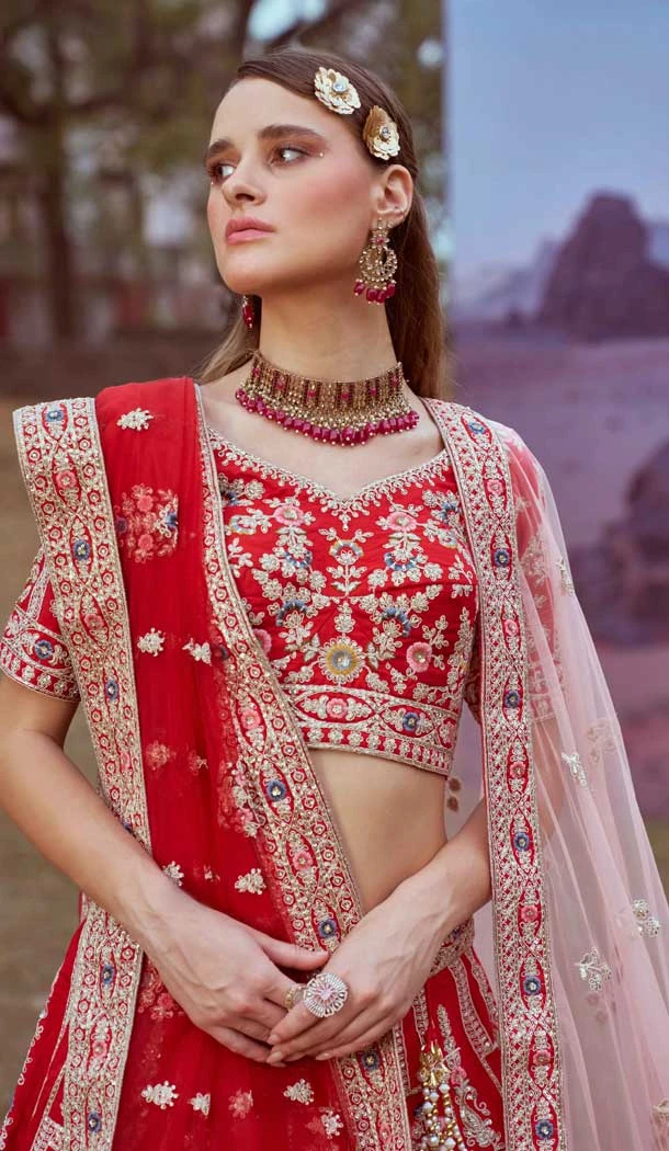 Red Silk Stone Beads Work Wedding Wear Lehenga Choli - 11072198584