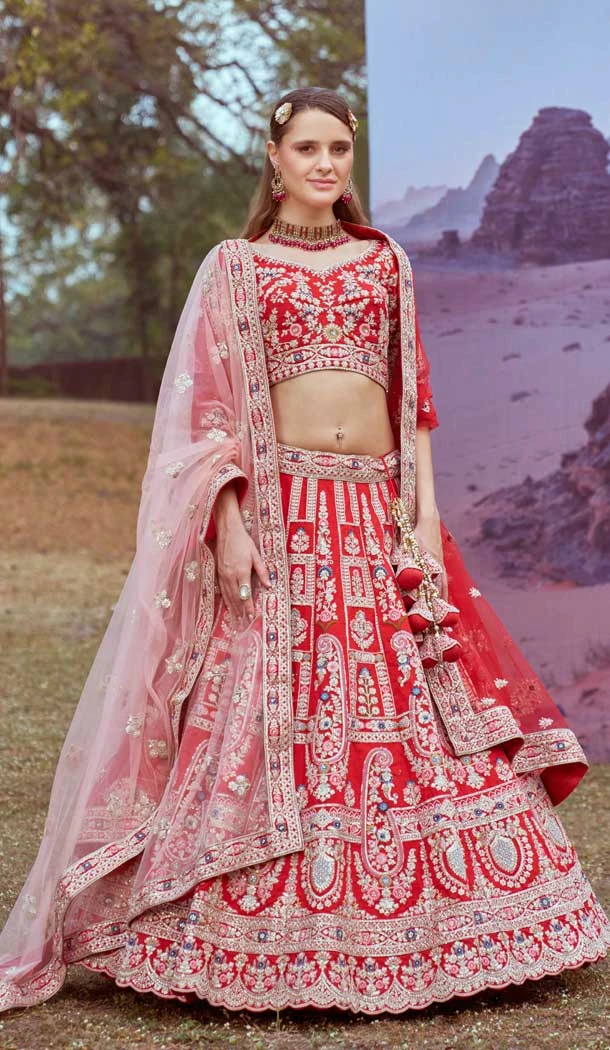 Red Silk Stone Beads Work Wedding Wear Lehenga Choli - 11072198584