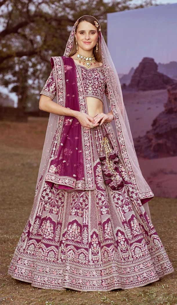 Silk Stone Beads Work Wedding Wear Lehenga Choli In Purple - 11072198585