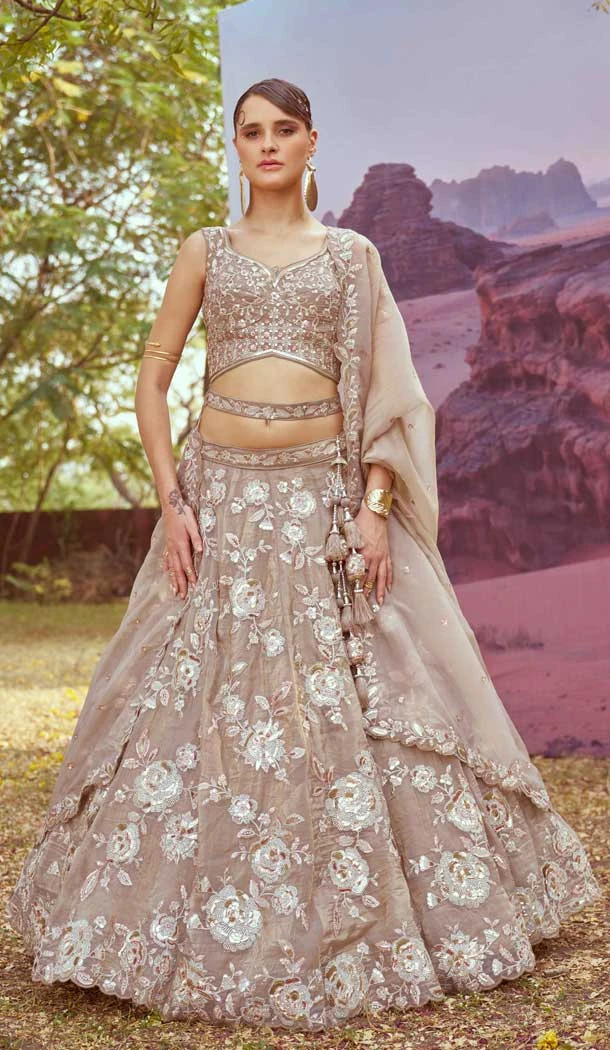 Beige Organza Sequins Work Wedding Wear Lehenga Choli - 11072198586