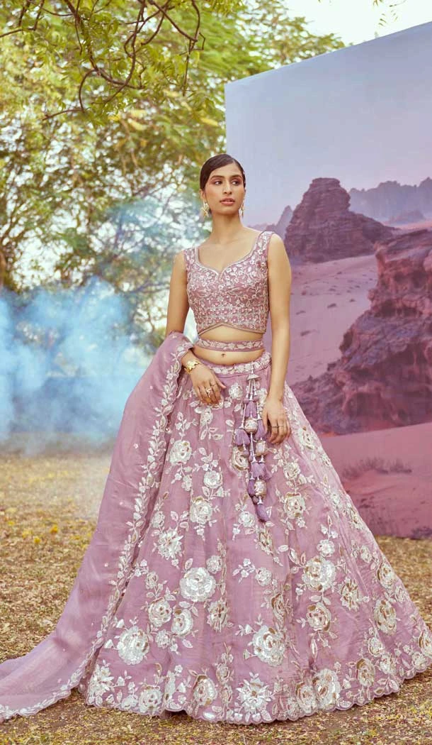 Lavender Organza Sequins Work Wedding Wear Lehenga Choli - 11072198587