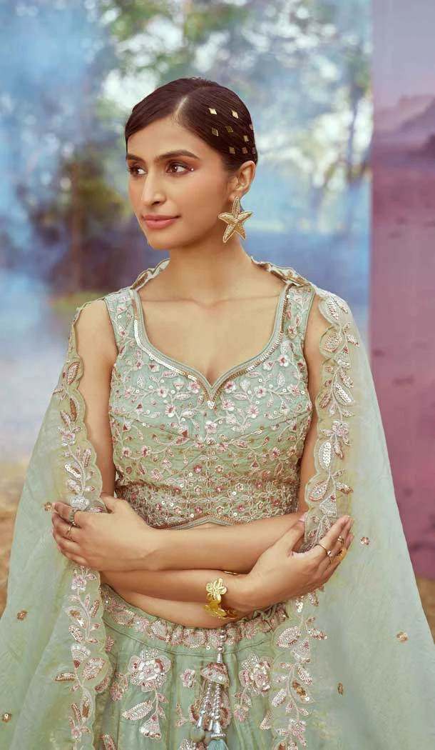 Lime Green Organza Sequins Work Wedding Wear Lehenga Choli - 11072198588