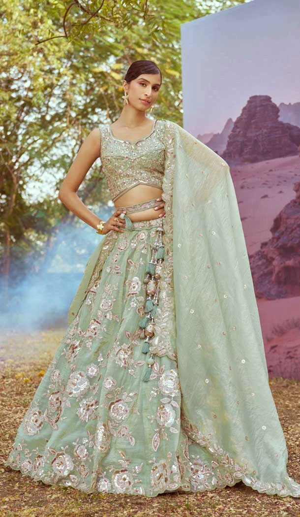 Lime Green Organza Sequins Work Wedding Wear Lehenga Choli - 11072198588