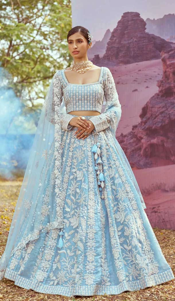Blue Organza Sequins Work Wedding Wear Lehenga Choli - 11072198589