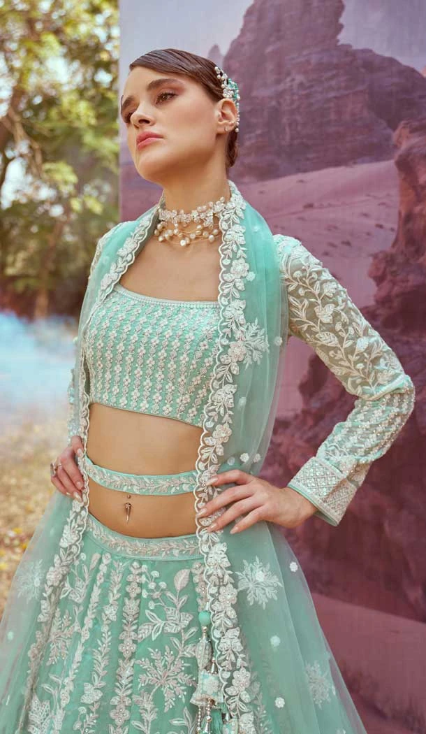 Sea Green Organza Sequins Work Wedding Wear Lehenga Choli - 11072198590