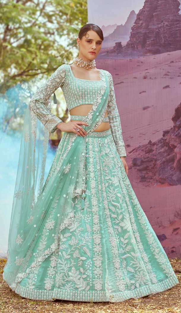 Sea Green Organza Sequins Work Wedding Wear Lehenga Choli - 11072198590
