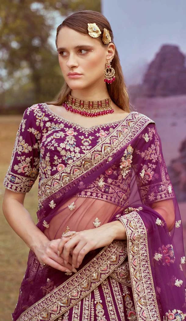 Purple Silk Embroidered Wedding Wear Lehenga Choli - 11072198591