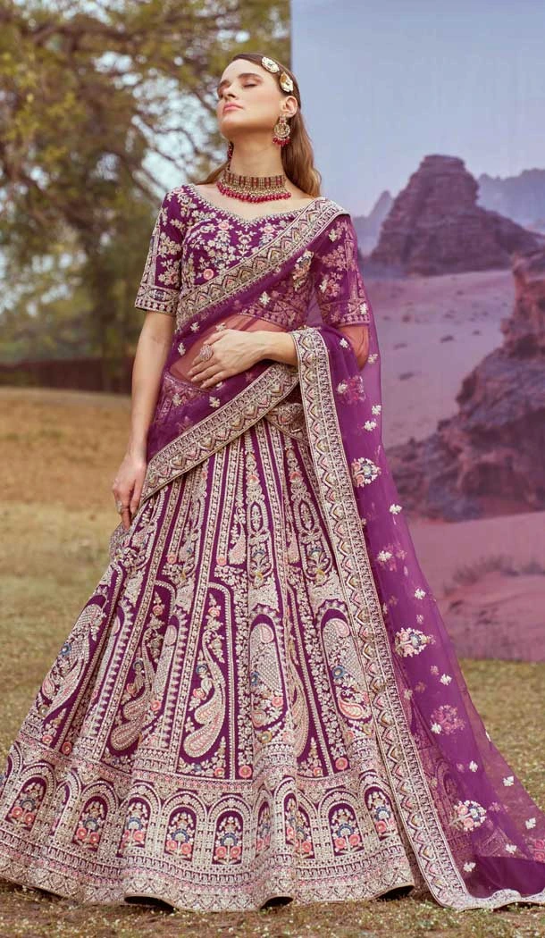 Purple Silk Embroidered Wedding Wear Lehenga Choli - 11072198591