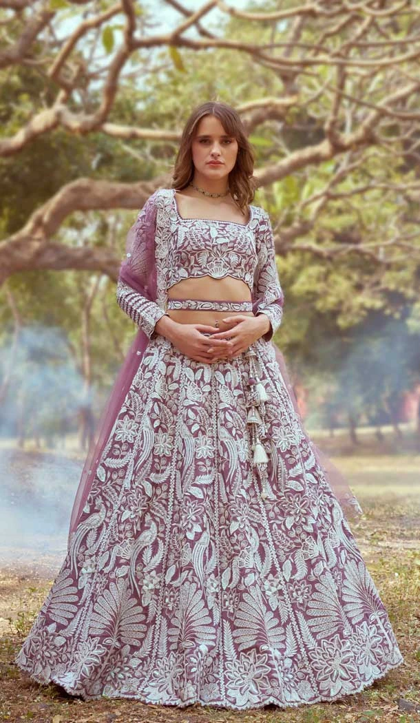 Lavender Satin Sequins Work Wedding Wear Lehenga Choli - 11072198592