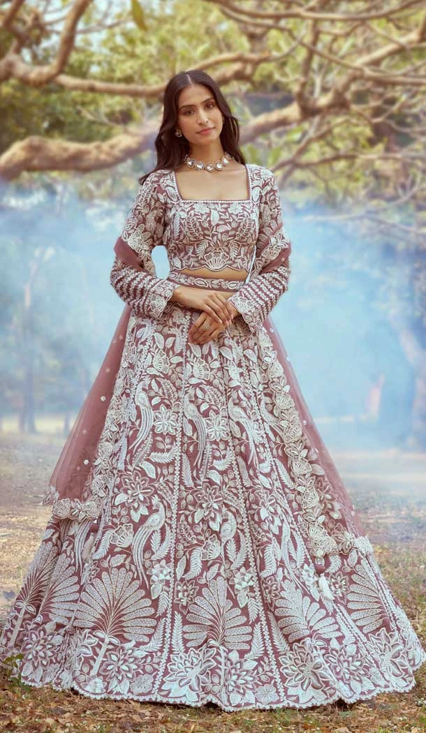 Rose Gold Satin Sequins Work Wedding Wear Lehenga Choli - 11072198593