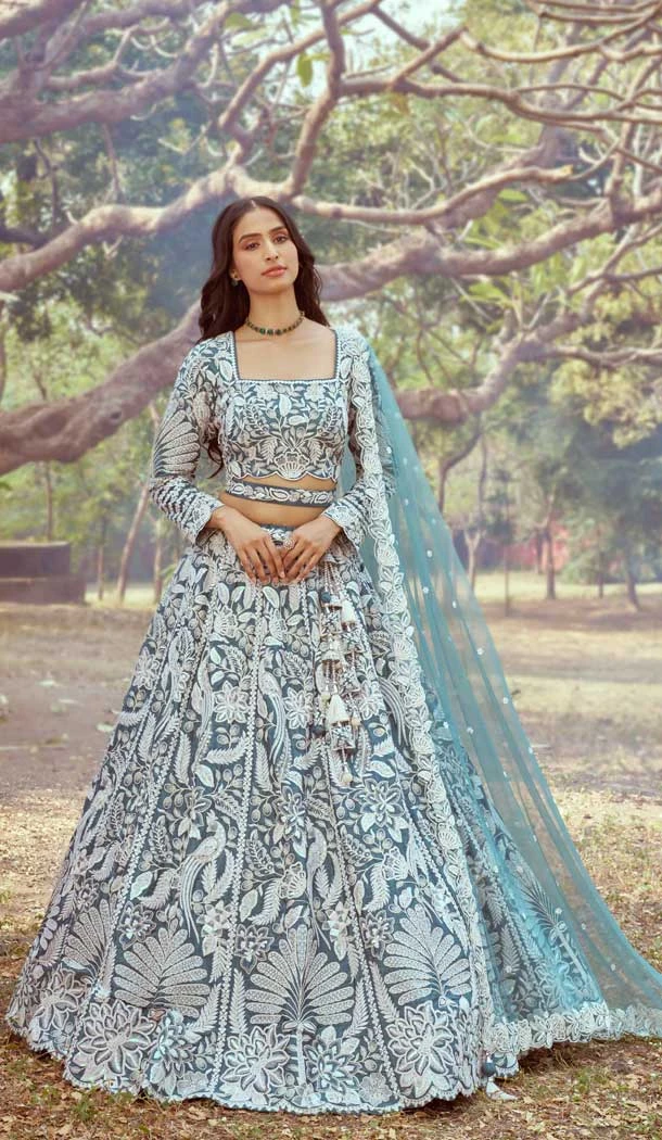 Teal Blue Satin Sequins Work Wedding Wear Lehenga Choli - 11072198594