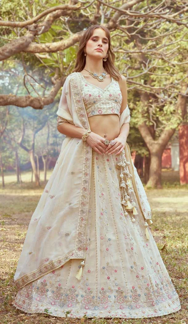 Cream Tissue Sequins Work Wedding Wear Lehenga Choli - 11072198595