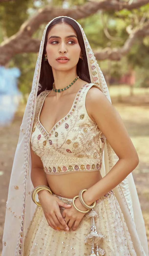 Cream Tissue Embroidery Work Wedding Wear Lehenga Choli - 11072198596