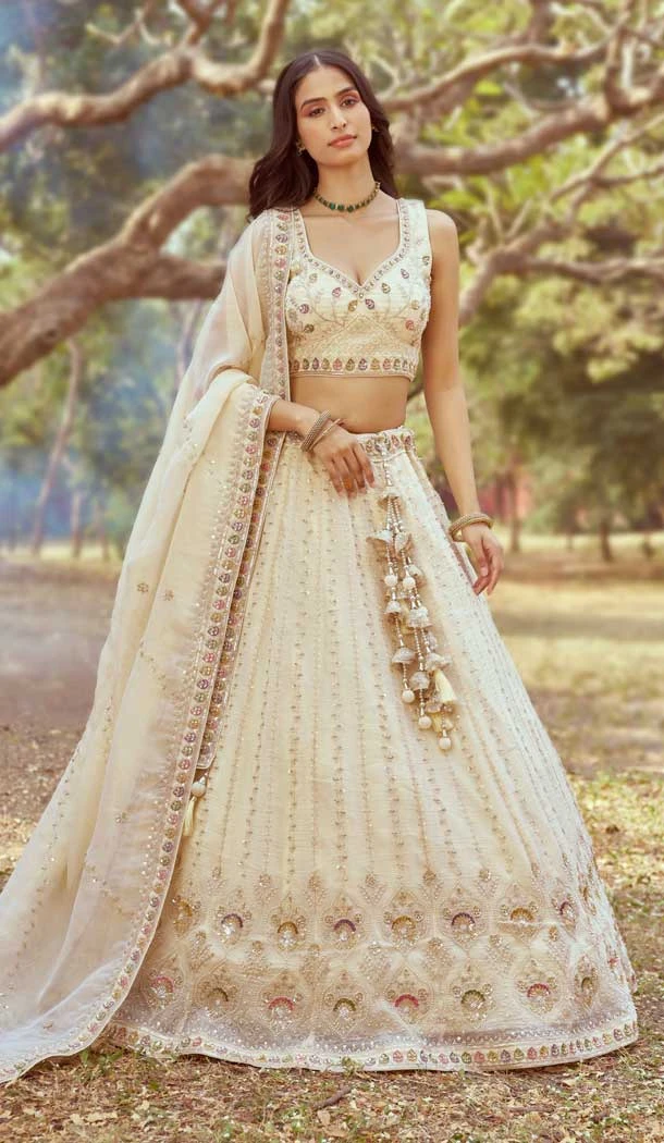 Cream Tissue Embroidery Work Wedding Wear Lehenga Choli - 11072198596