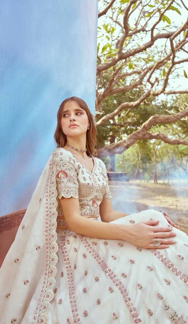 Tissue Sequins Work Wedding Wear Lehenga Choli In Cream - 11072198597